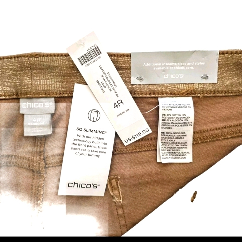 New Chico's Brown Gold Metallic Snake Croc Print Women's Pants Size 4R US 20Rq - Picture 8 of 10